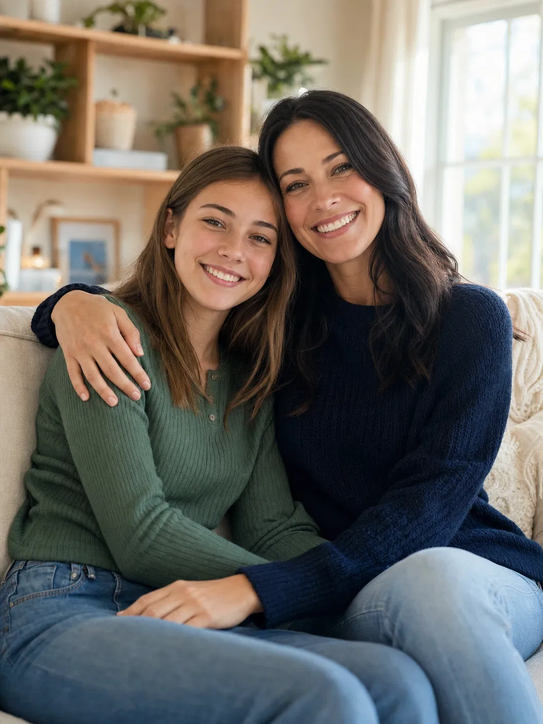 A parent and adolescent sitting together at home