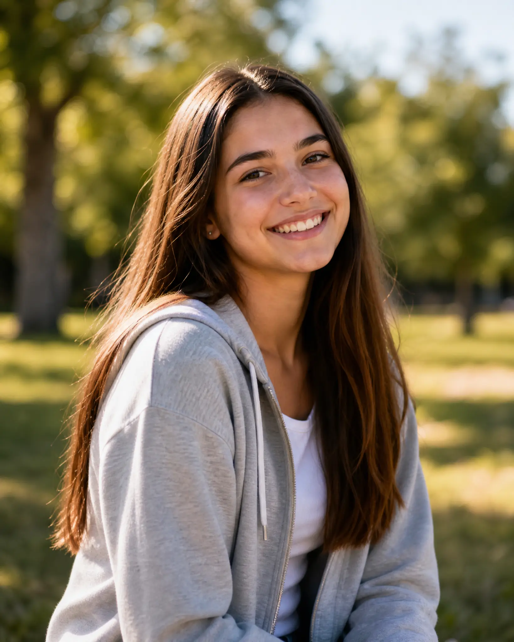 An older teen smiling in warm outdoor light