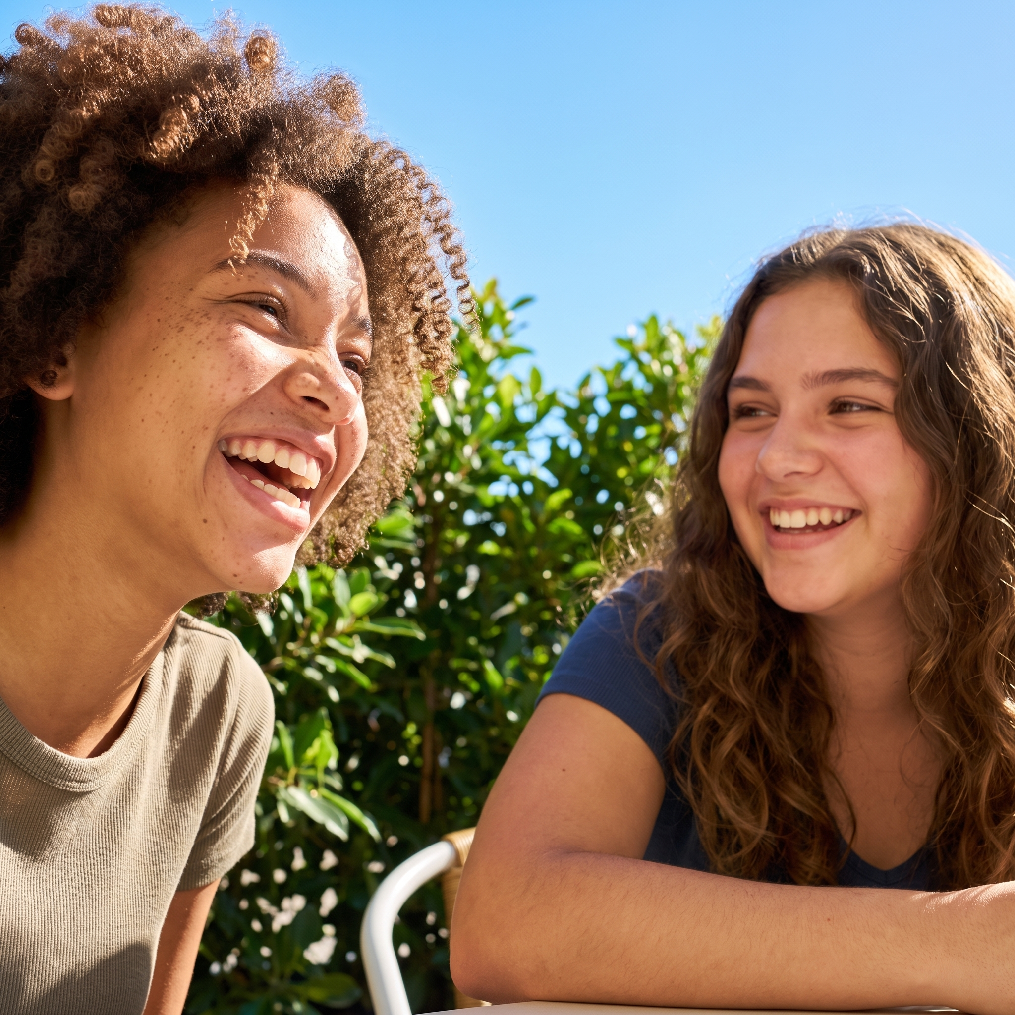 Two teen friends laughing together outdoors
