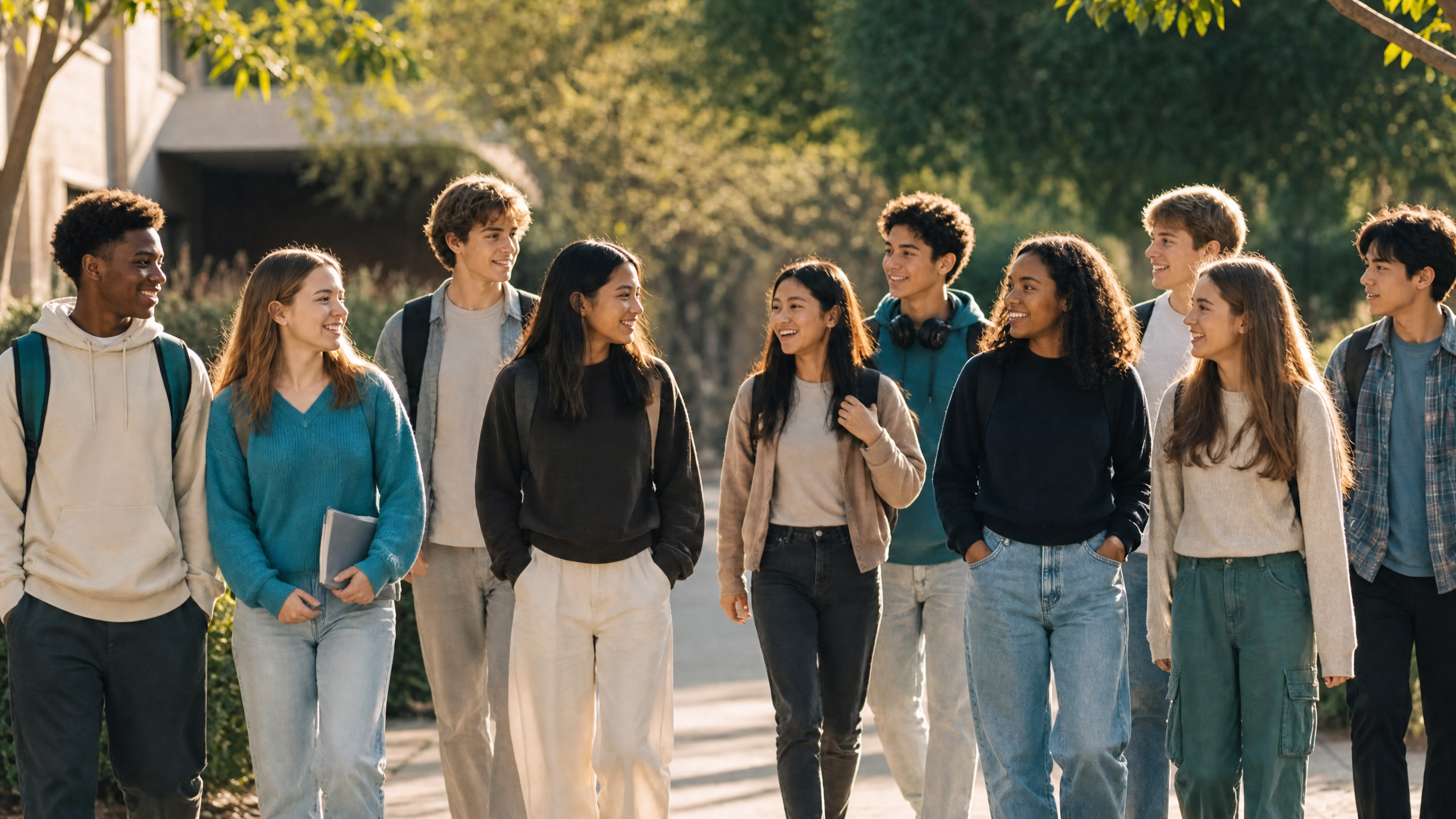 Diverse group of young people spending time together outdoors